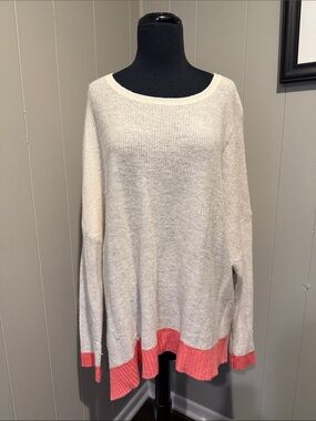 InCashmere Women’s Ivory Crewneck Sweater with Coral Hem and Cuffs